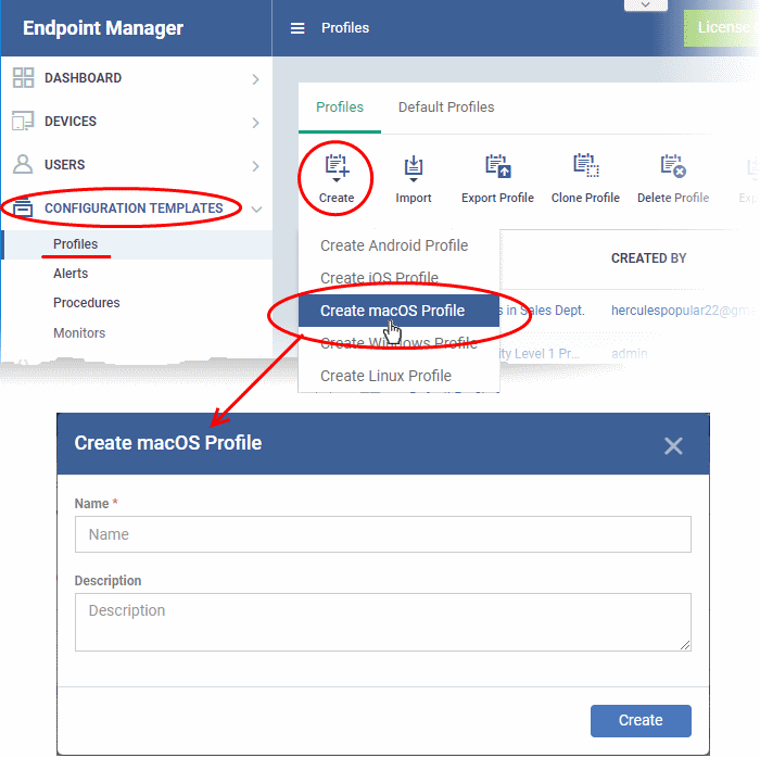 Create Mac OS Profile, Mac OS Endpoints, Security Manager, Endpoint